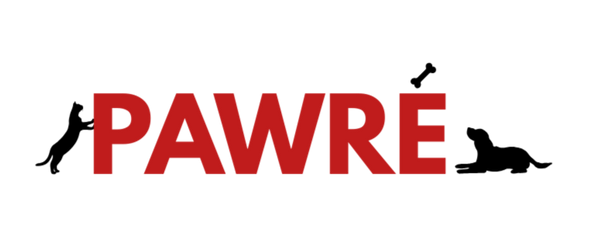 Logo with 'PAWRE' in red and black silhouettes of dogs on a white background